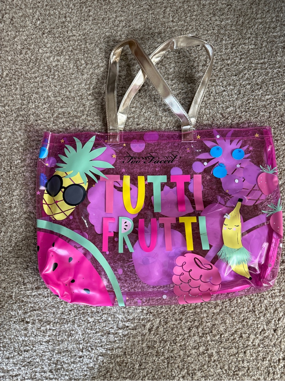 Too Faced Tutti Frutti Clear Tote - Pink with Gold Straps